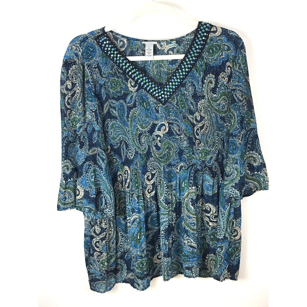 Catherines Womens Beaded Tunic Blouse Plus 3X Paisley Blue Pleated Bell Sleeve